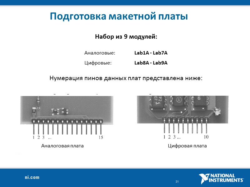 Подготовка макетной платы Набор из 9 модулей:   Аналоговые: Lab1A - Lab7A 